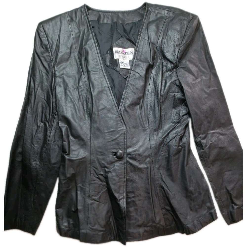 Nordstrom Brass Plum Genuine Leather Black Womens Jacket Size 13 =Medium / Large